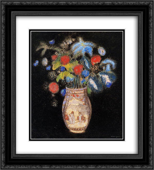 Large Boquet on a Black Background 20x22 Black Ornate Wood Framed Art Print Poster with Double Matting by Redon, Odilon