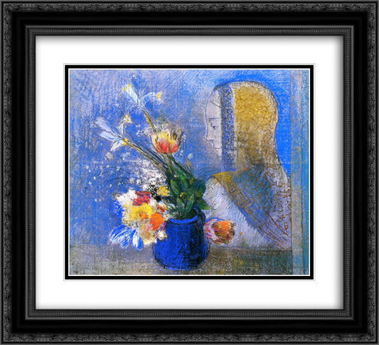 Meditation 22x20 Black Ornate Wood Framed Art Print Poster with Double Matting by Redon, Odilon