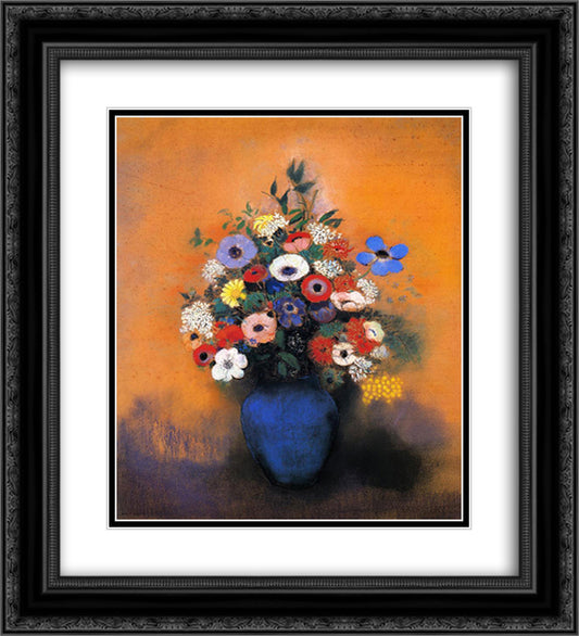 Minosas, Anemonies and Leaves in a Blue Vase 20x22 Black Ornate Wood Framed Art Print Poster with Double Matting by Redon, Odilon