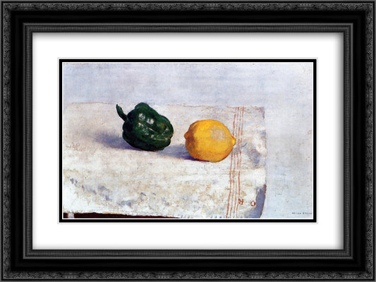 Pepper and Lemon on a White Tablecloth 24x18 Black Ornate Wood Framed Art Print Poster with Double Matting by Redon, Odilon