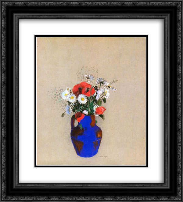 Poppies and Daisies in a Blue Vase 20x22 Black Ornate Wood Framed Art Print Poster with Double Matting by Redon, Odilon