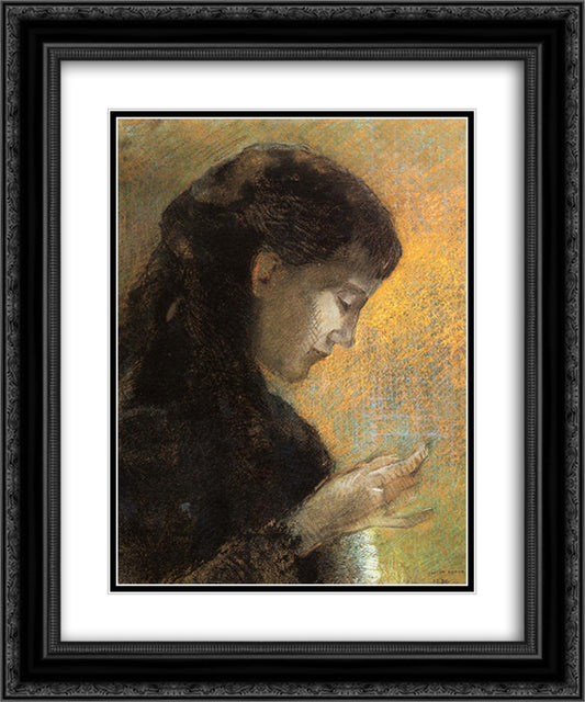 Portrait of Madame Redon Embroidering 20x24 Black Ornate Wood Framed Art Print Poster with Double Matting by Redon, Odilon