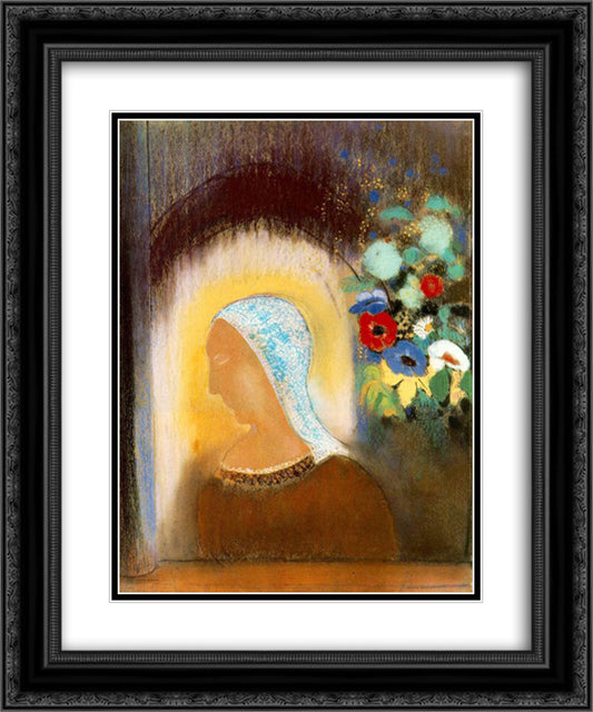 Profile and Flowers 20x24 Black Ornate Wood Framed Art Print Poster with Double Matting by Redon, Odilon