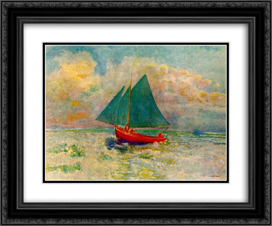 Red Boat with Blue Sails 24x20 Black Ornate Wood Framed Art Print Poster with Double Matting by Redon, Odilon