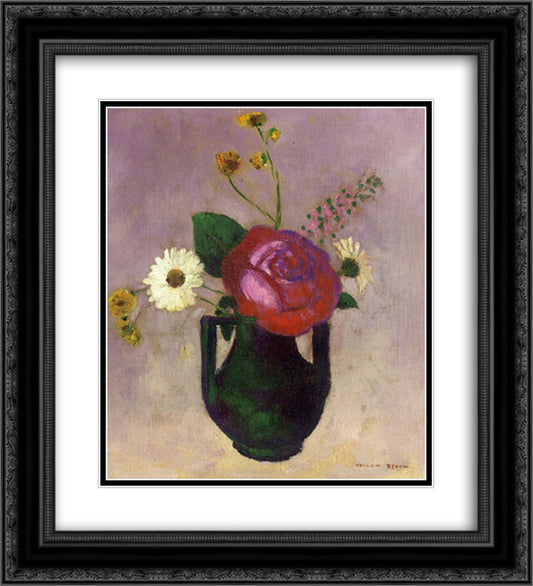 Rose and Daisy 20x22 Black Ornate Wood Framed Art Print Poster with Double Matting by Redon, Odilon