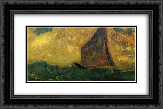 The Mysterious Boat 24x16 Black Ornate Wood Framed Art Print Poster with Double Matting by Redon, Odilon