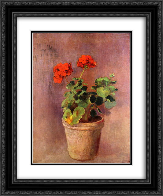The Pot of Geraniums 20x24 Black Ornate Wood Framed Art Print Poster with Double Matting by Redon, Odilon