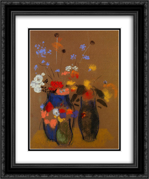 Three Vases of Flowers 20x24 Black Ornate Wood Framed Art Print Poster with Double Matting by Redon, Odilon