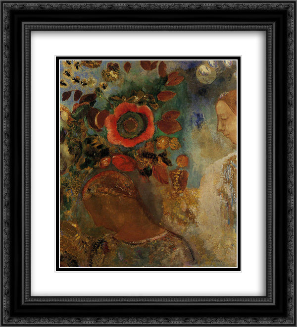 Two Young Girls among the Flowers 20x22 Black Ornate Wood Framed Art Print Poster with Double Matting by Redon, Odilon
