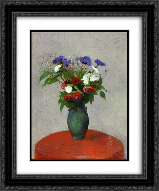 Vase of Flowers on a Red Tablecloth 20x24 Black Ornate Wood Framed Art Print Poster with Double Matting by Redon, Odilon