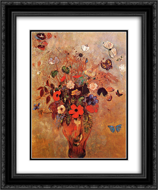 Vase with Flowers and Butterflies 20x24 Black Ornate Wood Framed Art Print Poster with Double Matting by Redon, Odilon