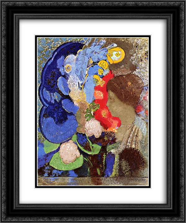 Woman with Flowers 20x24 Black Ornate Wood Framed Art Print Poster with Double Matting by Redon, Odilon