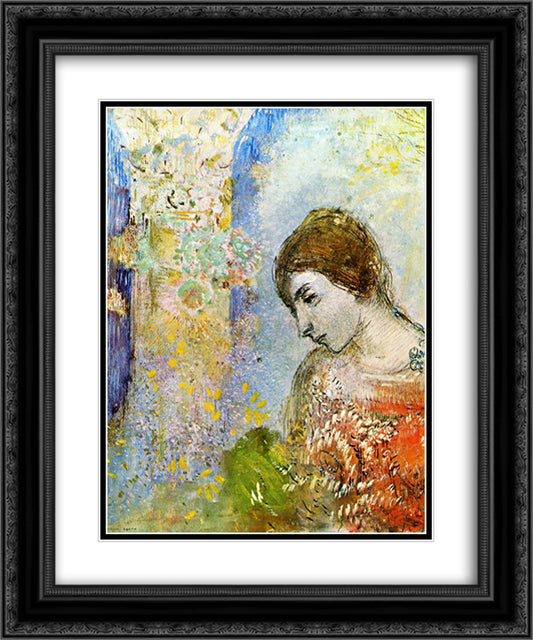 Woman with Pillar of Flowers 20x24 Black Ornate Wood Framed Art Print Poster with Double Matting by Redon, Odilon