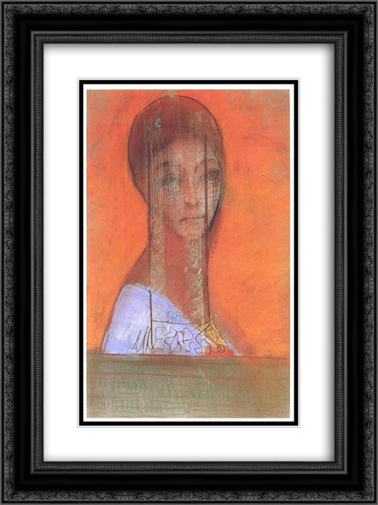 Woman with veil 18x24 Black Ornate Wood Framed Art Print Poster with Double Matting by Redon, Odilon