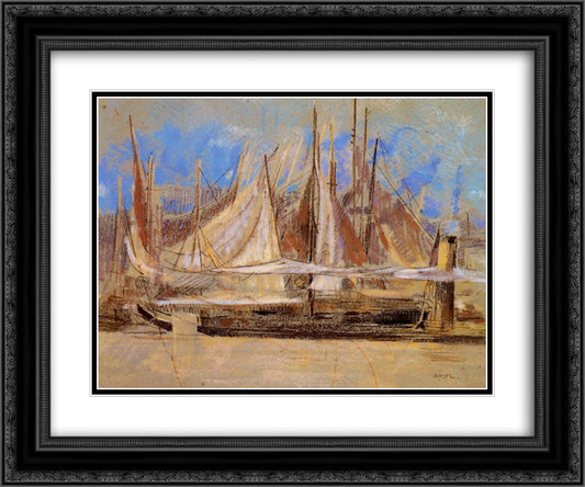 Yachts at Royan 24x20 Black Ornate Wood Framed Art Print Poster with Double Matting by Redon, Odilon