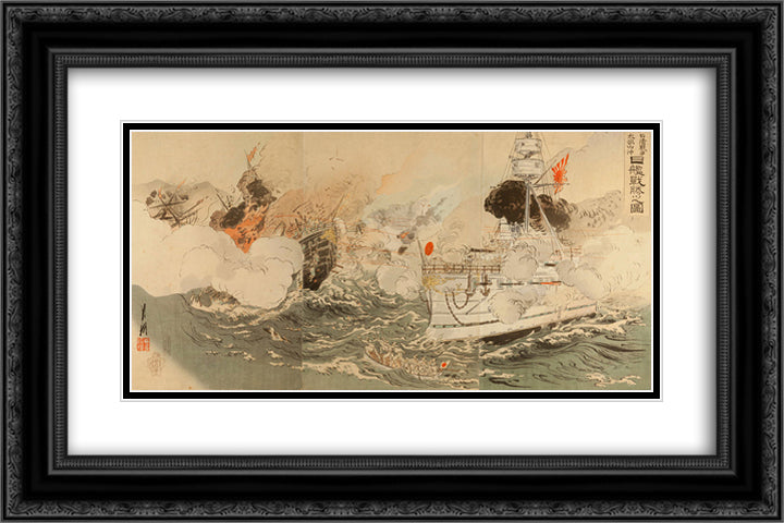 Sino-Japanese War The Japanese Navy Victorious Off Takushan 24x16 Black Ornate Wood Framed Art Print Poster with Double Matting by Gekko, Ogata