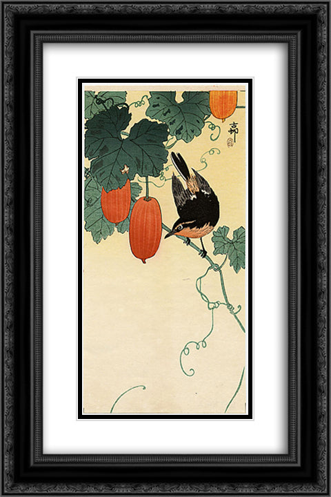 A flycatcher on cucumber bush 16x24 Black Ornate Wood Framed Art Print Poster with Double Matting by Koson, Ohara