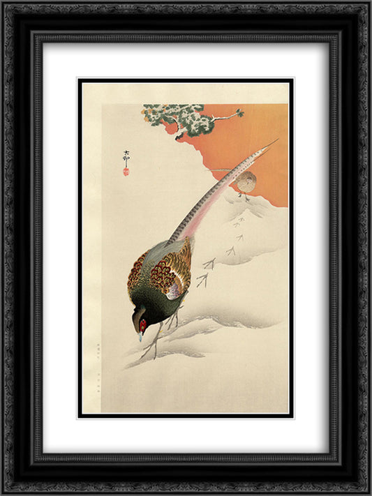 A Pair of Pheasants in the Snow 18x24 Black Ornate Wood Framed Art Print Poster with Double Matting by Koson, Ohara