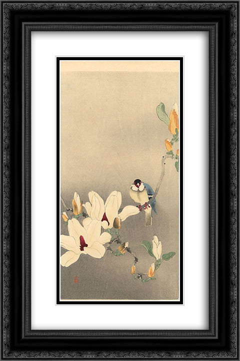 Blue Bird and Magnolia 16x24 Black Ornate Wood Framed Art Print Poster with Double Matting by Koson, Ohara