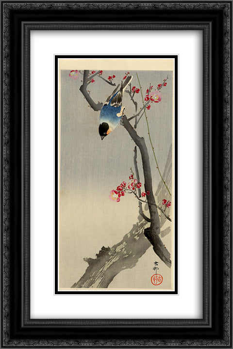 Bullfinch on Flowering Plum 16x24 Black Ornate Wood Framed Art Print Poster with Double Matting by Koson, Ohara