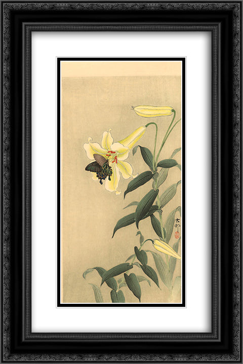 Butterfly and lily 16x24 Black Ornate Wood Framed Art Print Poster with Double Matting by Koson, Ohara