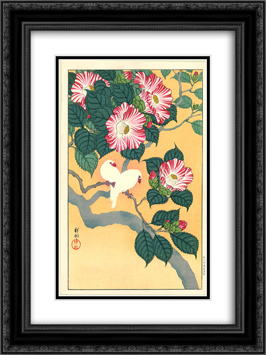 Camellia and Rice Birds 18x24 Black Ornate Wood Framed Art Print Poster with Double Matting by Koson, Ohara