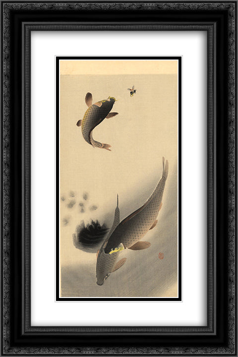 Carp and Bee 16x24 Black Ornate Wood Framed Art Print Poster with Double Matting by Koson, Ohara