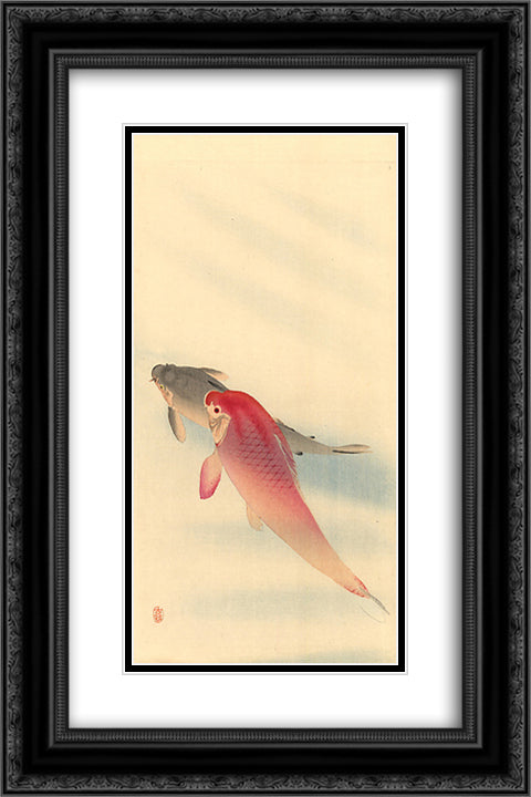 Carps 16x24 Black Ornate Wood Framed Art Print Poster with Double Matting by Koson, Ohara