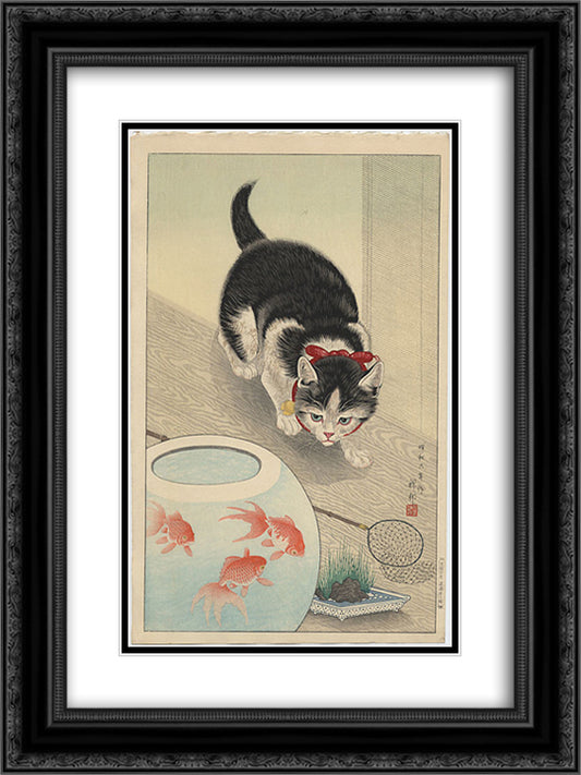 Cat and Bowl of Goldfish 18x24 Black Ornate Wood Framed Art Print Poster with Double Matting by Koson, Ohara