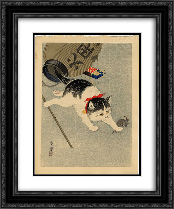 Cat Catching a Mouse 20x24 Black Ornate Wood Framed Art Print Poster with Double Matting by Koson, Ohara