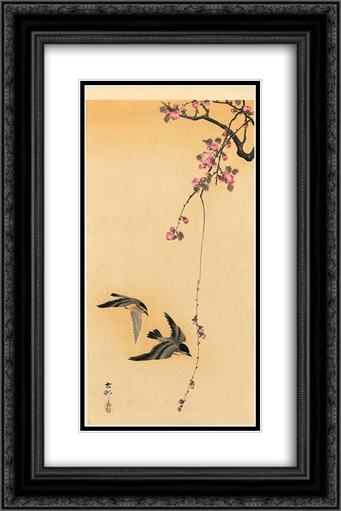 Cherry blossom with birds 16x24 Black Ornate Wood Framed Art Print Poster with Double Matting by Koson, Ohara