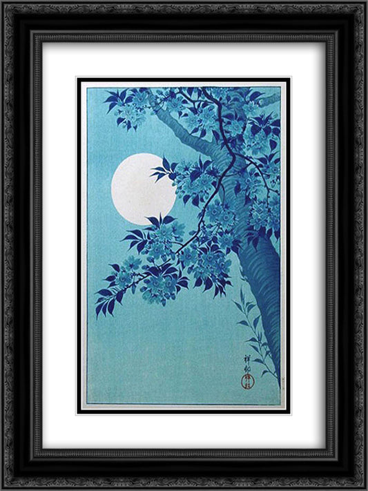 Cherry on a Moonlit Night 18x24 Black Ornate Wood Framed Art Print Poster with Double Matting by Koson, Ohara