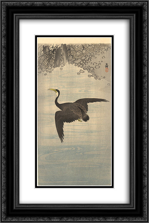 Cormorant 16x24 Black Ornate Wood Framed Art Print Poster with Double Matting by Koson, Ohara