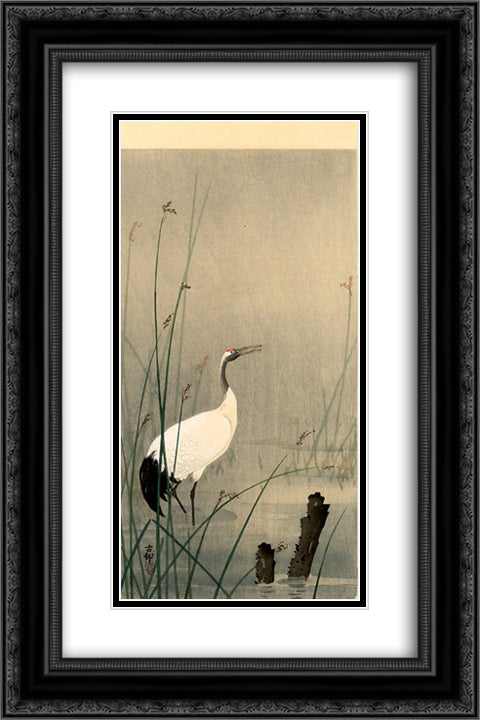 Crane in small water 16x24 Black Ornate Wood Framed Art Print Poster with Double Matting by Koson, Ohara