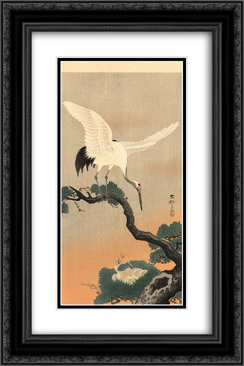 Crane over his nest 16x24 Black Ornate Wood Framed Art Print Poster with Double Matting by Koson, Ohara