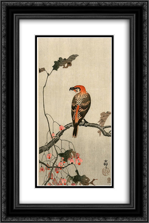 Crossbill 16x24 Black Ornate Wood Framed Art Print Poster with Double Matting by Koson, Ohara