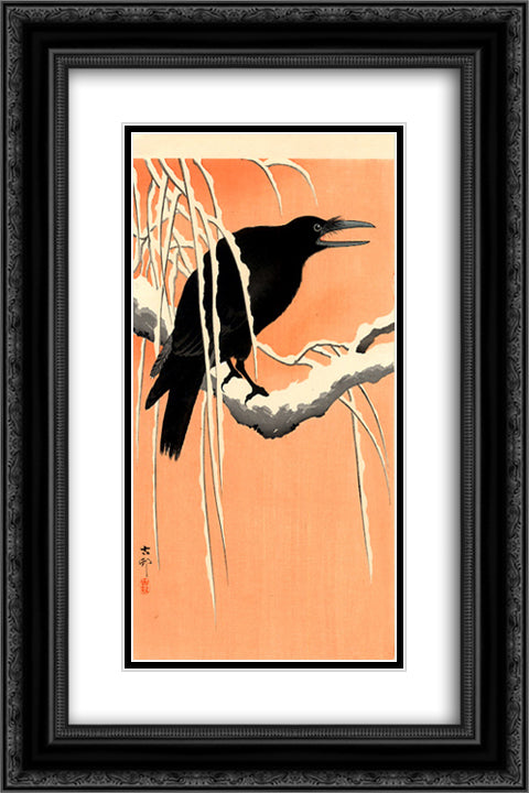 Crow 16x24 Black Ornate Wood Framed Art Print Poster with Double Matting by Koson, Ohara