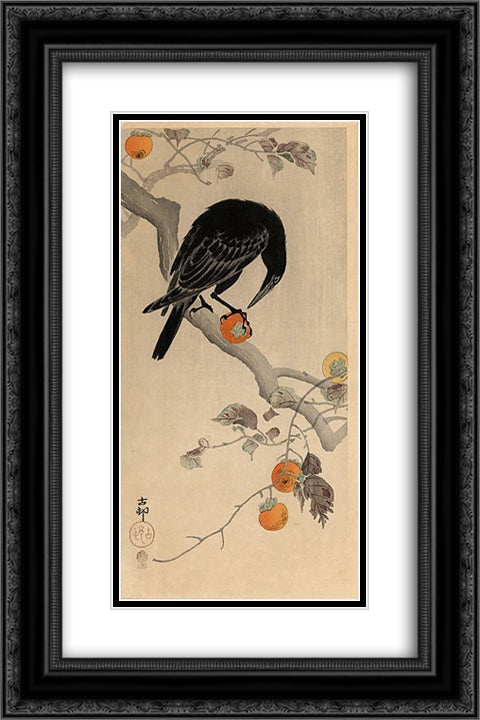 Crow eating a Persimmon 16x24 Black Ornate Wood Framed Art Print Poster with Double Matting by Koson, Ohara