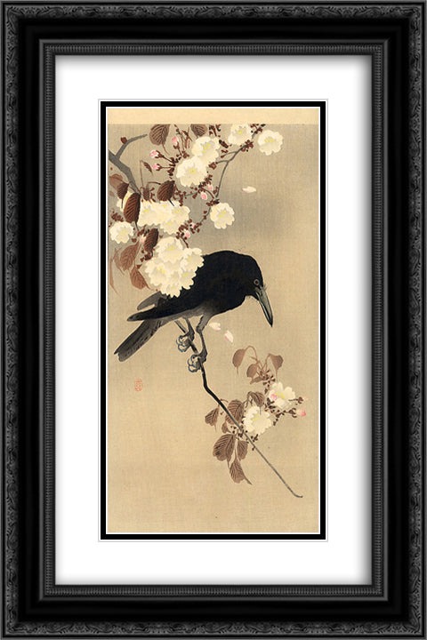 Crow on a Cherry Branch 16x24 Black Ornate Wood Framed Art Print Poster with Double Matting by Koson, Ohara