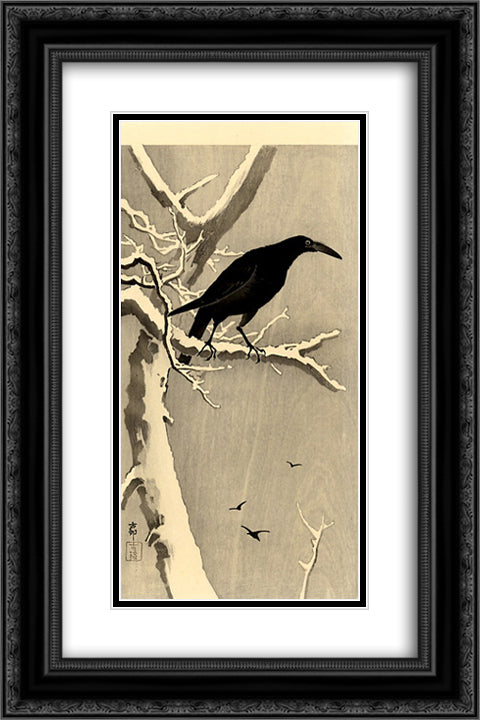 Crow on a Snowy Branch 16x24 Black Ornate Wood Framed Art Print Poster with Double Matting by Koson, Ohara