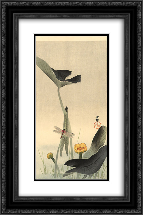 Dragonfly and Lotus 16x24 Black Ornate Wood Framed Art Print Poster with Double Matting by Koson, Ohara