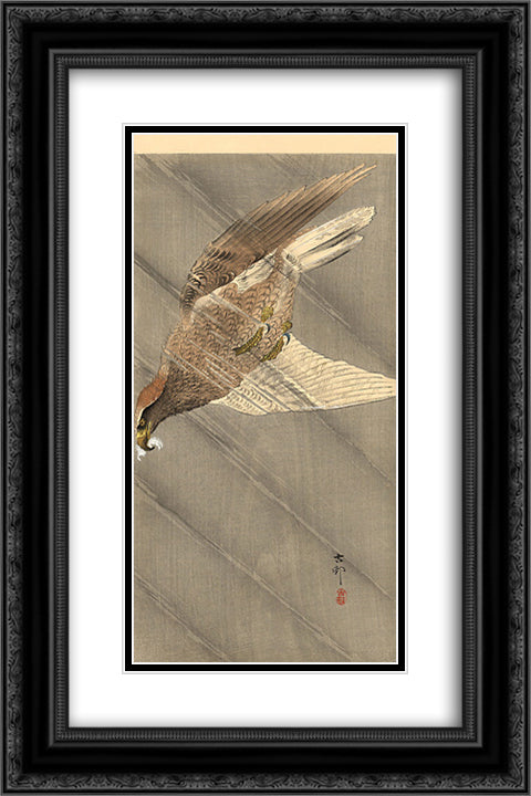 Eagle in descent 16x24 Black Ornate Wood Framed Art Print Poster with Double Matting by Koson, Ohara