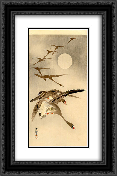 Eight White-fronted Geese in Flight; full Moon behind 16x24 Black Ornate Wood Framed Art Print Poster with Double Matting by Koson, Ohara