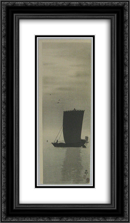 Fishing Boats at Sea 14x24 Black Ornate Wood Framed Art Print Poster with Double Matting by Koson, Ohara