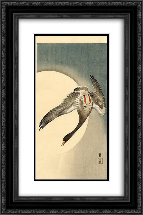 Flying white-fronted goose seen from underneath in front of the moon 16x24 Black Ornate Wood Framed Art Print Poster with Double Matting by Koson, Ohara