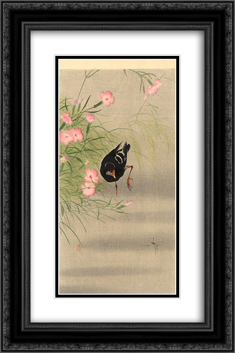 Gallinule Bird and Water Strider 16x24 Black Ornate Wood Framed Art Print Poster with Double Matting by Koson, Ohara