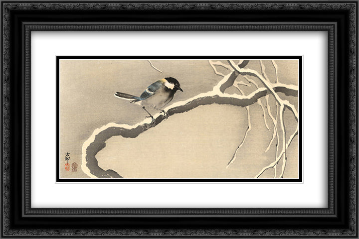 Giant Tit on Snowy Branch 24x16 Black Ornate Wood Framed Art Print Poster with Double Matting by Koson, Ohara