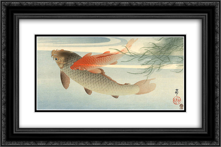 Golden Carp 24x16 Black Ornate Wood Framed Art Print Poster with Double Matting by Koson, Ohara