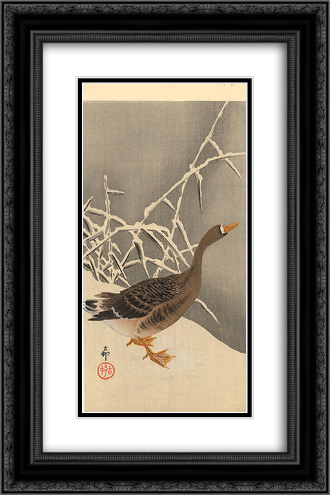 Goose on the snow 16x24 Black Ornate Wood Framed Art Print Poster with Double Matting by Koson, Ohara