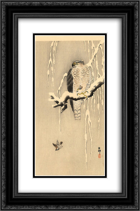 Goshawk on snowy branch 16x24 Black Ornate Wood Framed Art Print Poster with Double Matting by Koson, Ohara